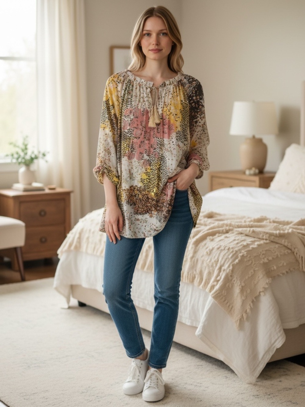 Made in Italy Boho Floral Tie-Neck Tunic Printed Silk Blend